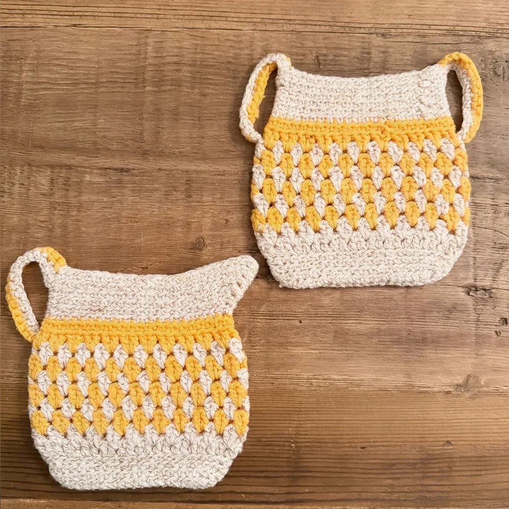 Vintage Crochet Pot Holders. Yellow Cream Metallic Gold. Kitchen MCM 1970s